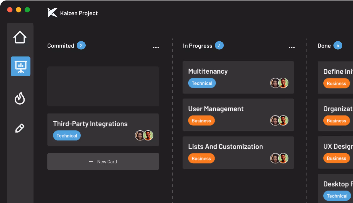 A digital Kanban board from a 'Kaizen Project,' illustrating our transparent agile project management for custom software, with tasks organized into 'Committed,' 'In Progress,' and 'Done' columns.