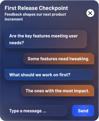 A user interface mockup demonstrating a 'First Release Checkpoint' in our agile software development process, ensuring key features align with user needs before the next product increment.