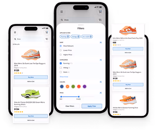 Three smartphone screens showcasing the responsive UI/UX design of a custom mobile application developed by our expert team.
