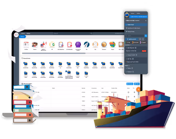 An illustration showcasing a custom web app for logistics, with a cargo ship symbolizing the effective management of import/export and global supply chains.