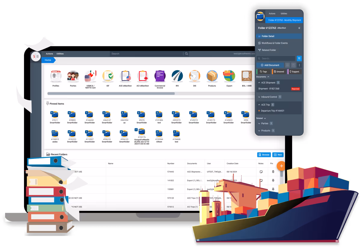 Conceptual image of the SmartBorder custom software interface on a laptop screen, with a cargo ship and file icons illustrating the digital management of physical logistics.