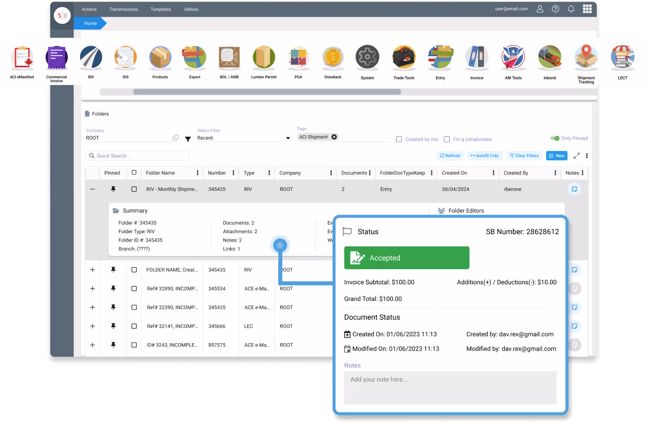 A close-up of the SmartBorder platform's UI, showcasing the detailed shipment status window. The pop-up displays a folder's status as 'Accepted,' along with key invoice and document information, giving users quick access to critical data.