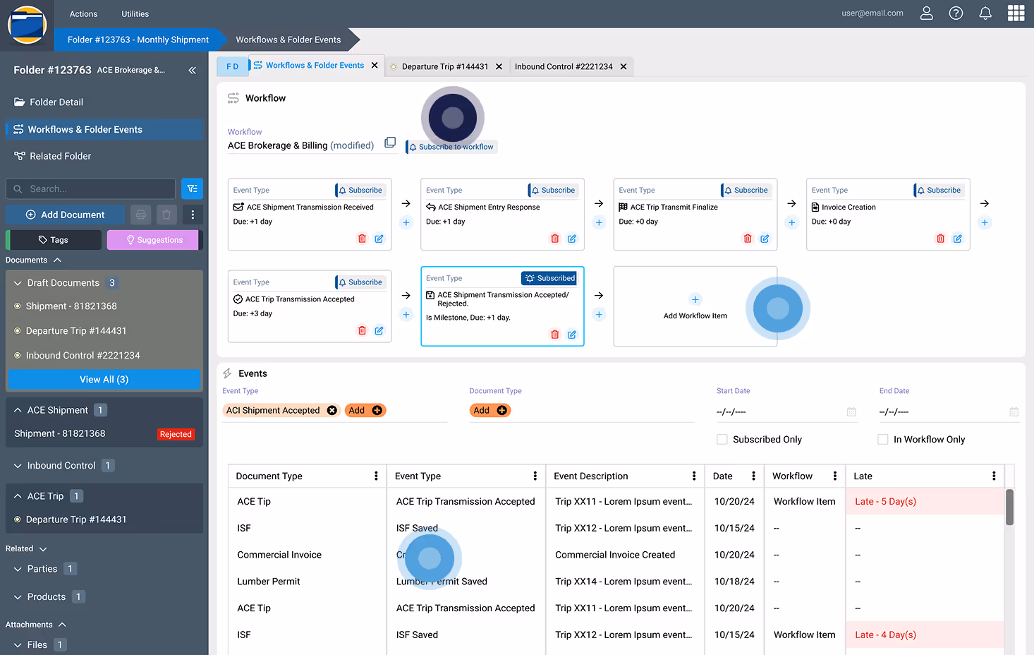 SmartBorder custom logistics software dashboard showing folder list, and a preview of user-added notes and comments.
