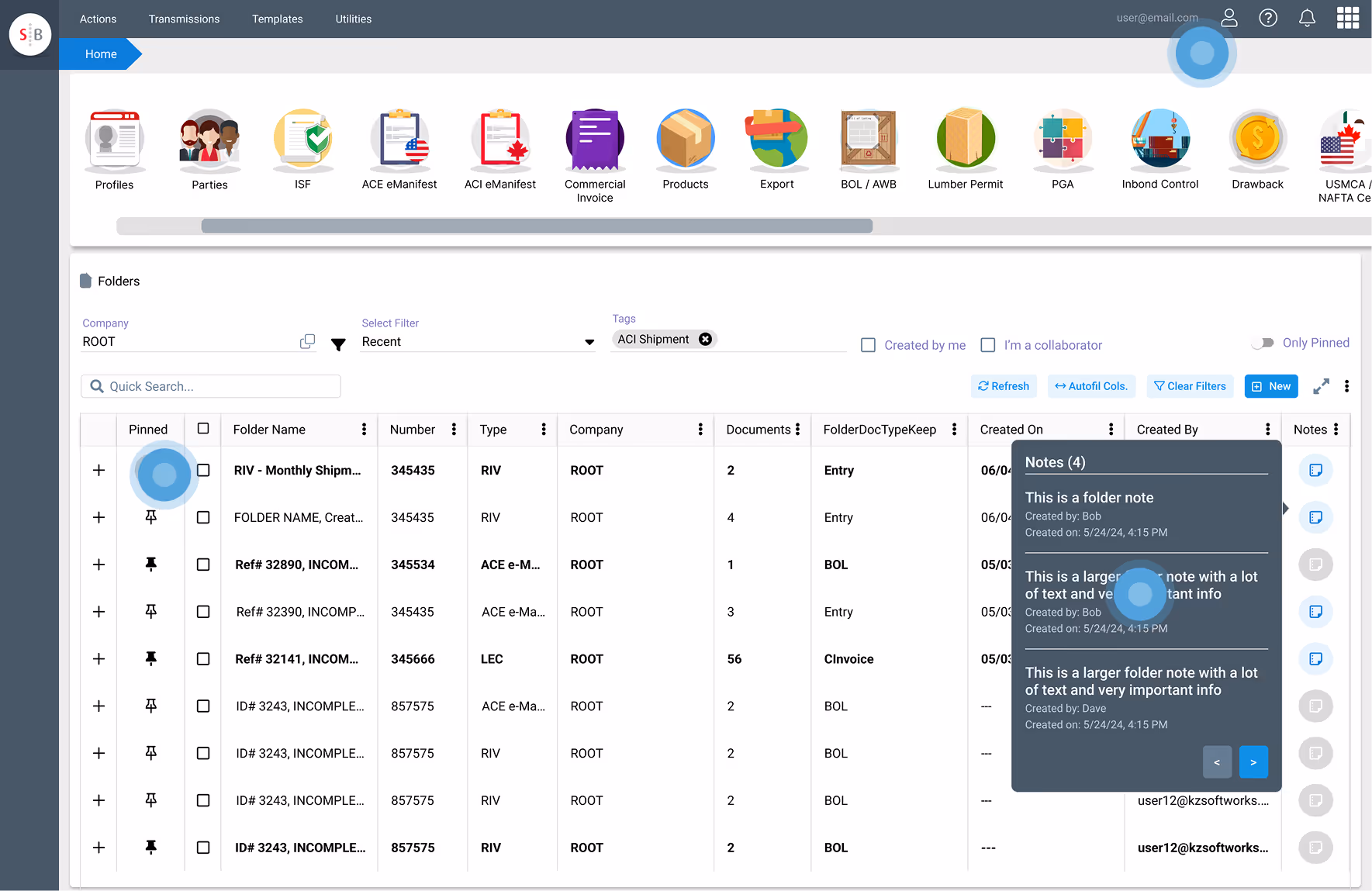 SmartBorder custom software's workflow management system, displaying automated event tracking and detailed process flows for logistics operations.
