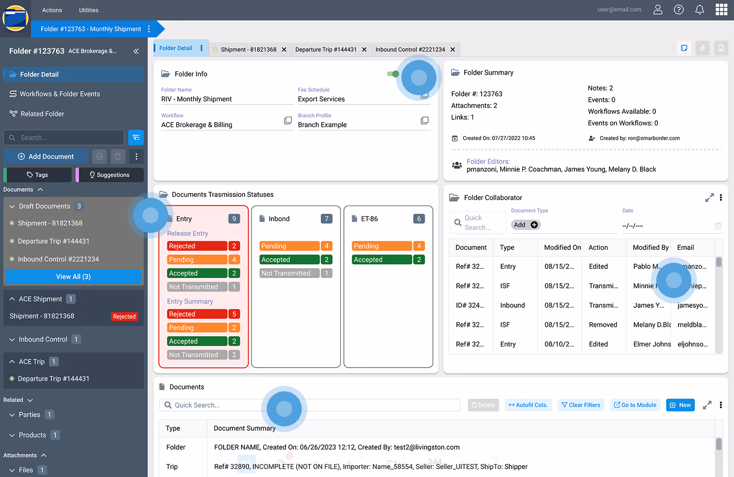 SmartBorder custom logistics software dashboard showing folder list, and a preview of user-added notes and comments.
