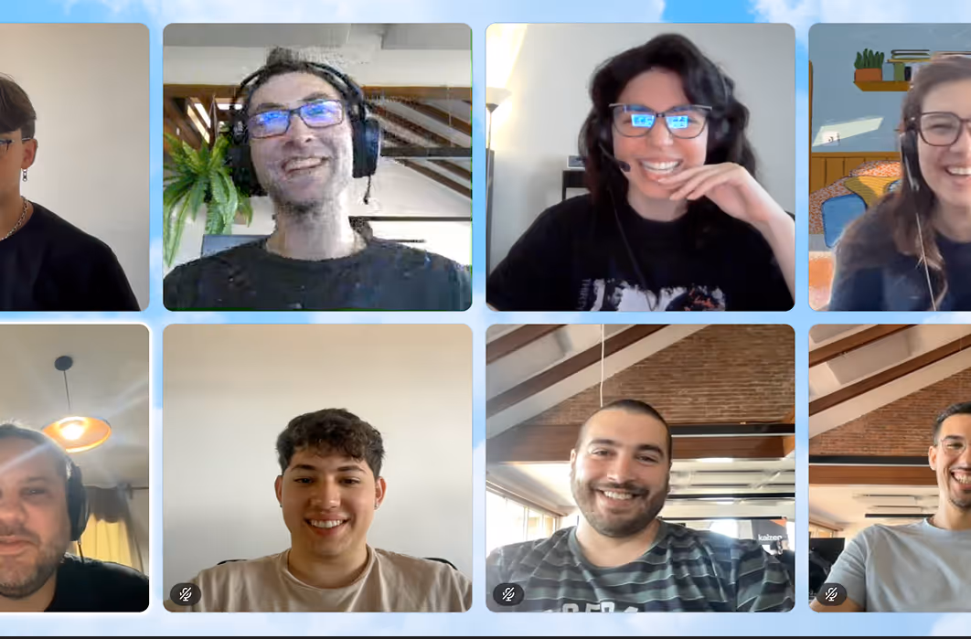 Our globally distributed team connecting in a lively video meeting. This reflects Kaizen Softworks' thriving remote-first culture, where we foster strong collaboration and camaraderie no matter where our employees are located.