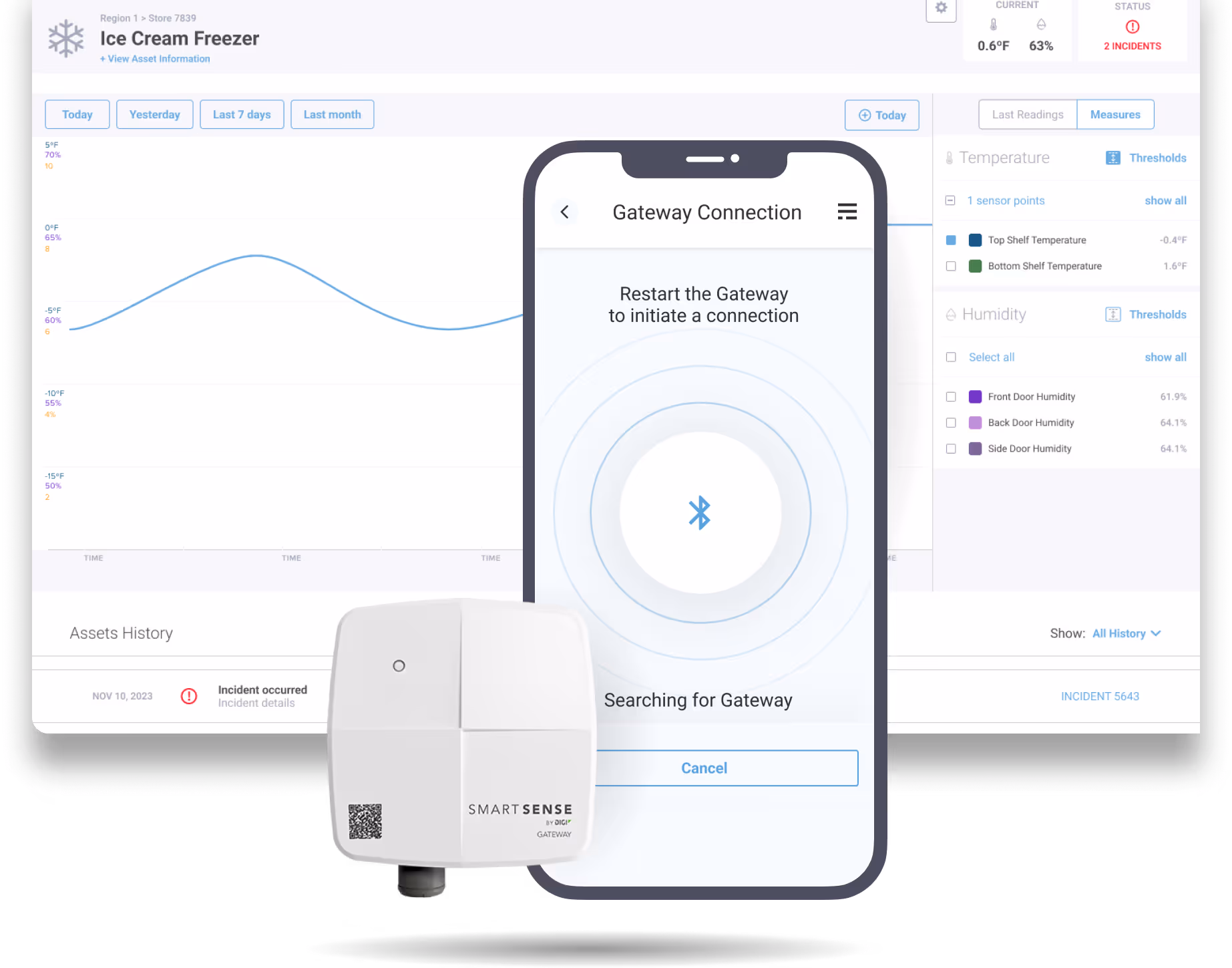 Conceptual image of the SmartSense mobile app, showing screens for adding a gateway and viewing sensor asset details like temperature and humidity readings, with the physical hardware.