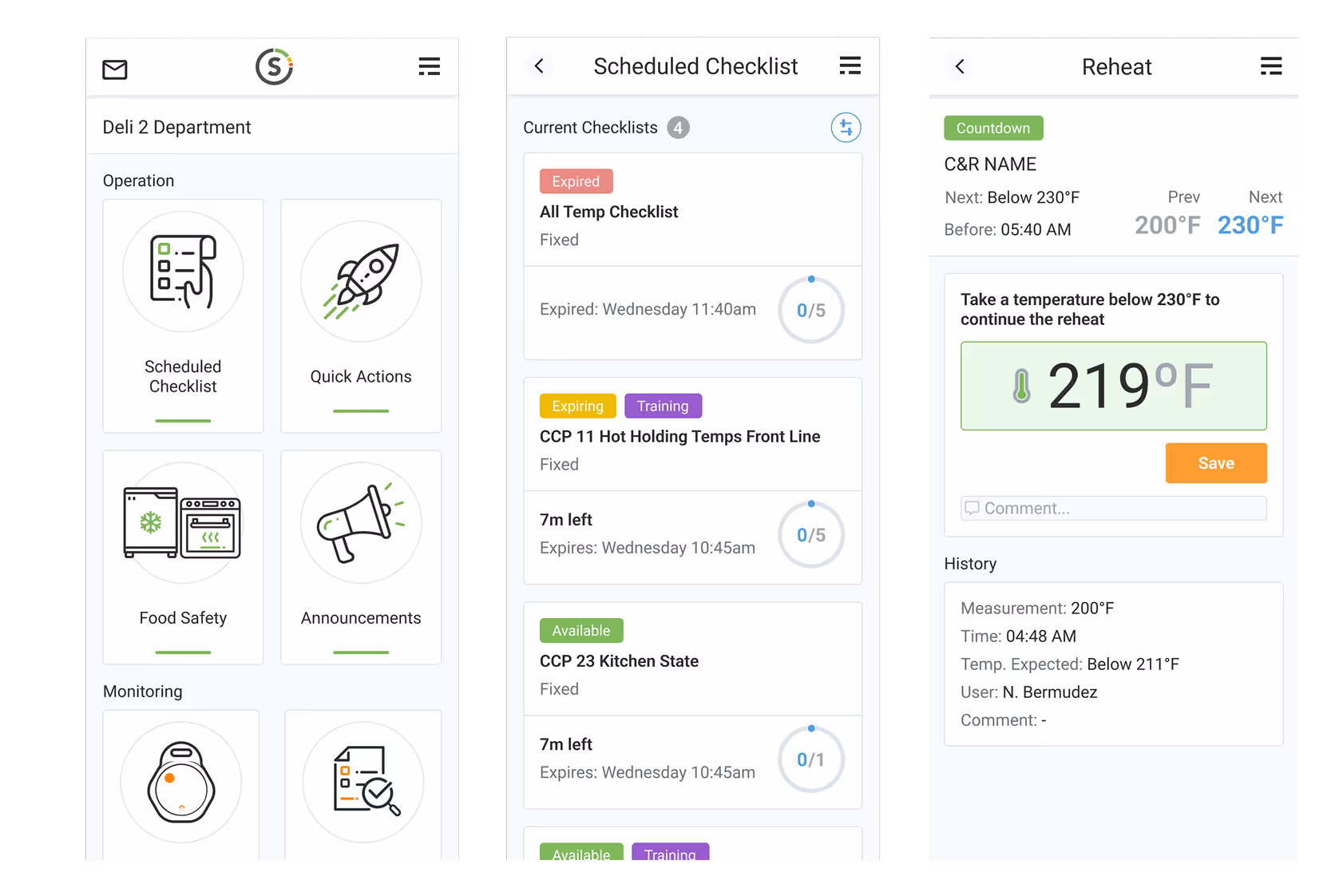 A composite image of the SmartSense remote monitoring mobile app screens, showing scheduled checklists, task lists, and a manual temperature input for food safety.