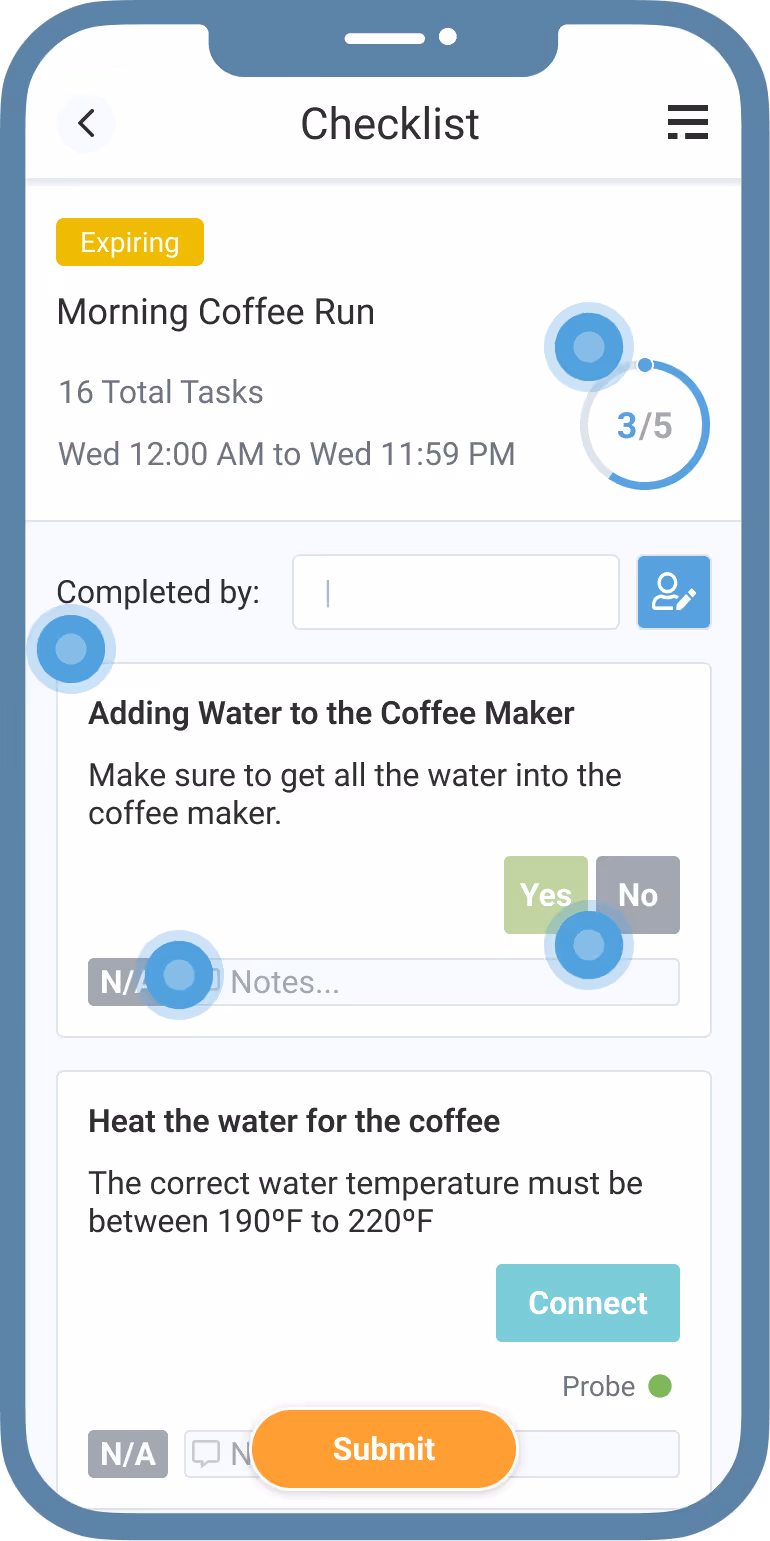 A screenshot of the SmartSense remote monitoring mobile app, displaying a detailed checklist for a 'Morning Coffee Run' task with interactive sub-tasks and a progress tracker.