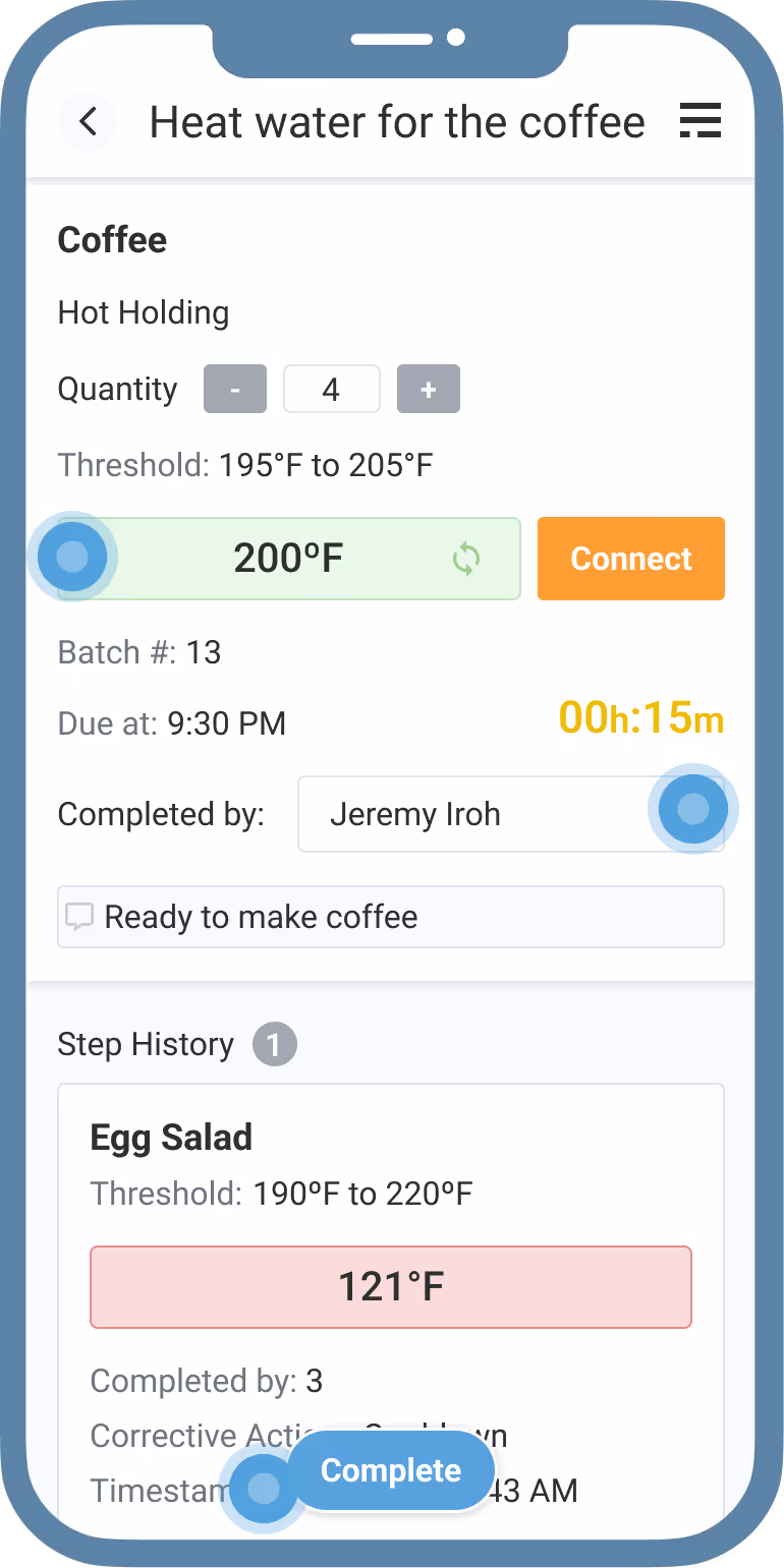 A screenshot of the SmartSense remote monitoring mobile app, displaying detailed food safety tasks with current temperature readings and specified thresholds.