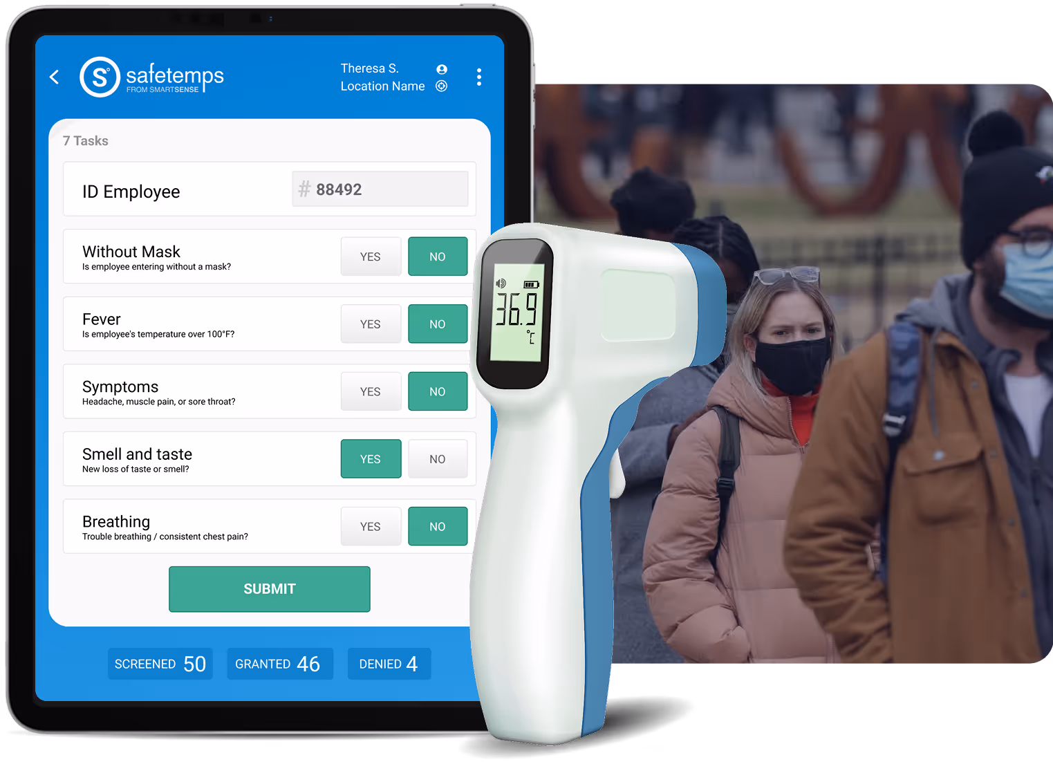 A composite image of the SmartSense 'Safetemps' mobile app interface, displaying a digital health screening questionnaire and an integrated non-contact thermometer.