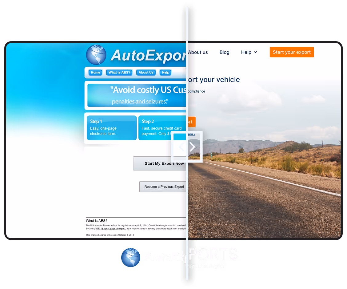 A split-screen visual for the AutoExports case study, showing our web app simplifying US-Canada customs declarations on one side, and an open road symbolizing a smooth export journey on the other.