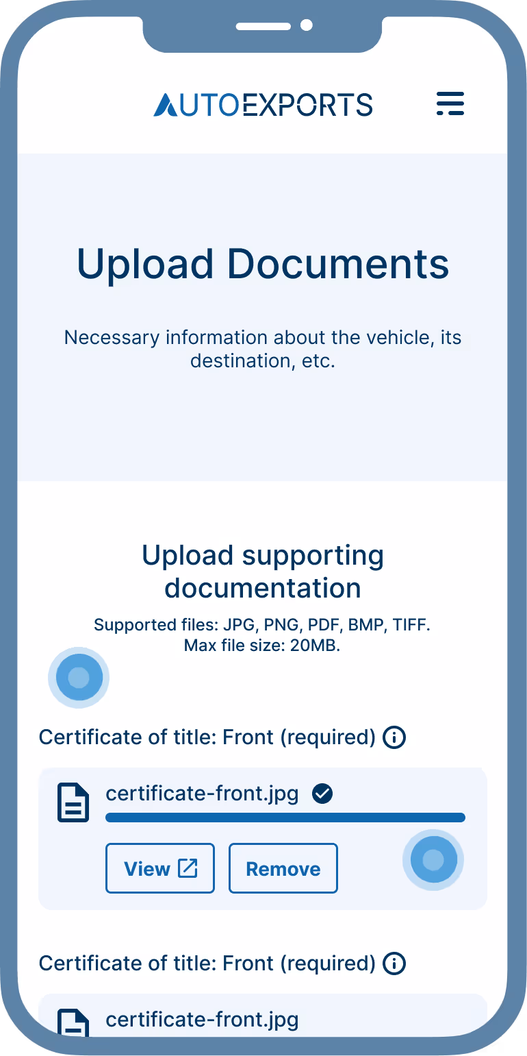 Screenshot of a secure document upload feature in a custom-built mobile application for an auto export business.