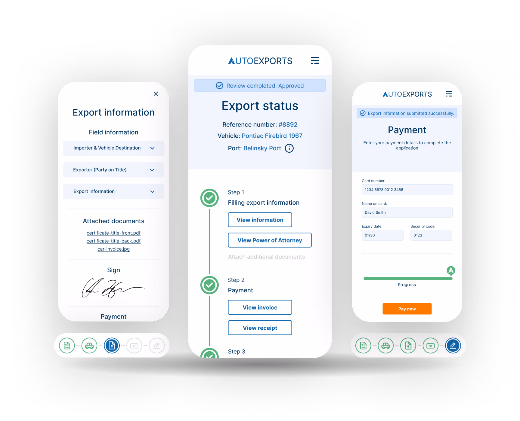 Three screens from the AutoExports mobile web app, showing the user-friendly interface for submitting documents, tracking vehicle export status, and processing payments.