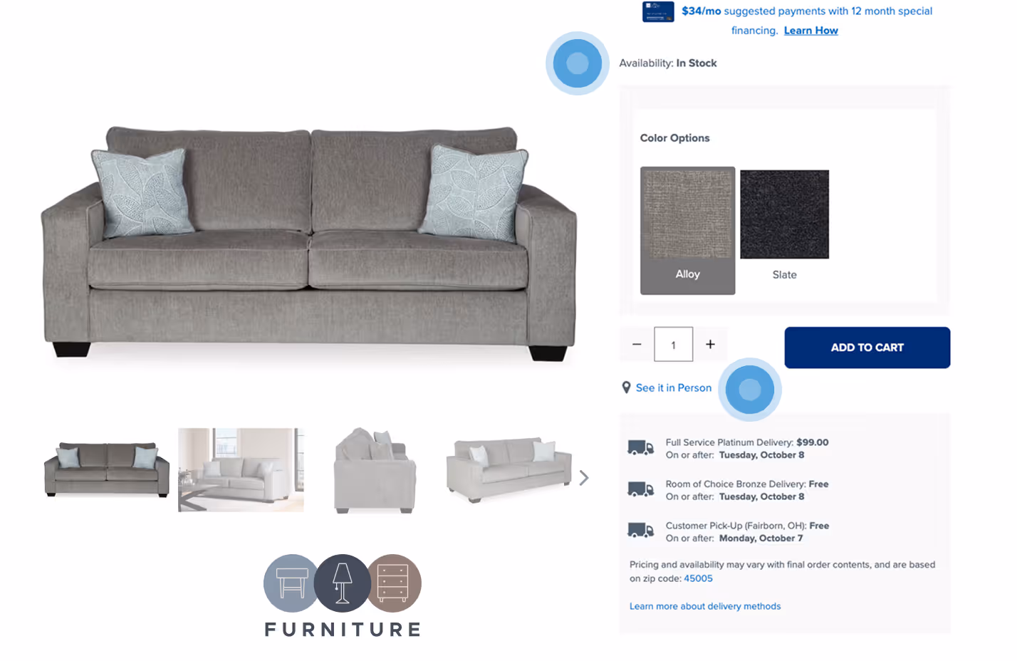 A clean and detailed e-commerce product page, showcasing custom product options like color swatches and multiple image views for a furniture item.