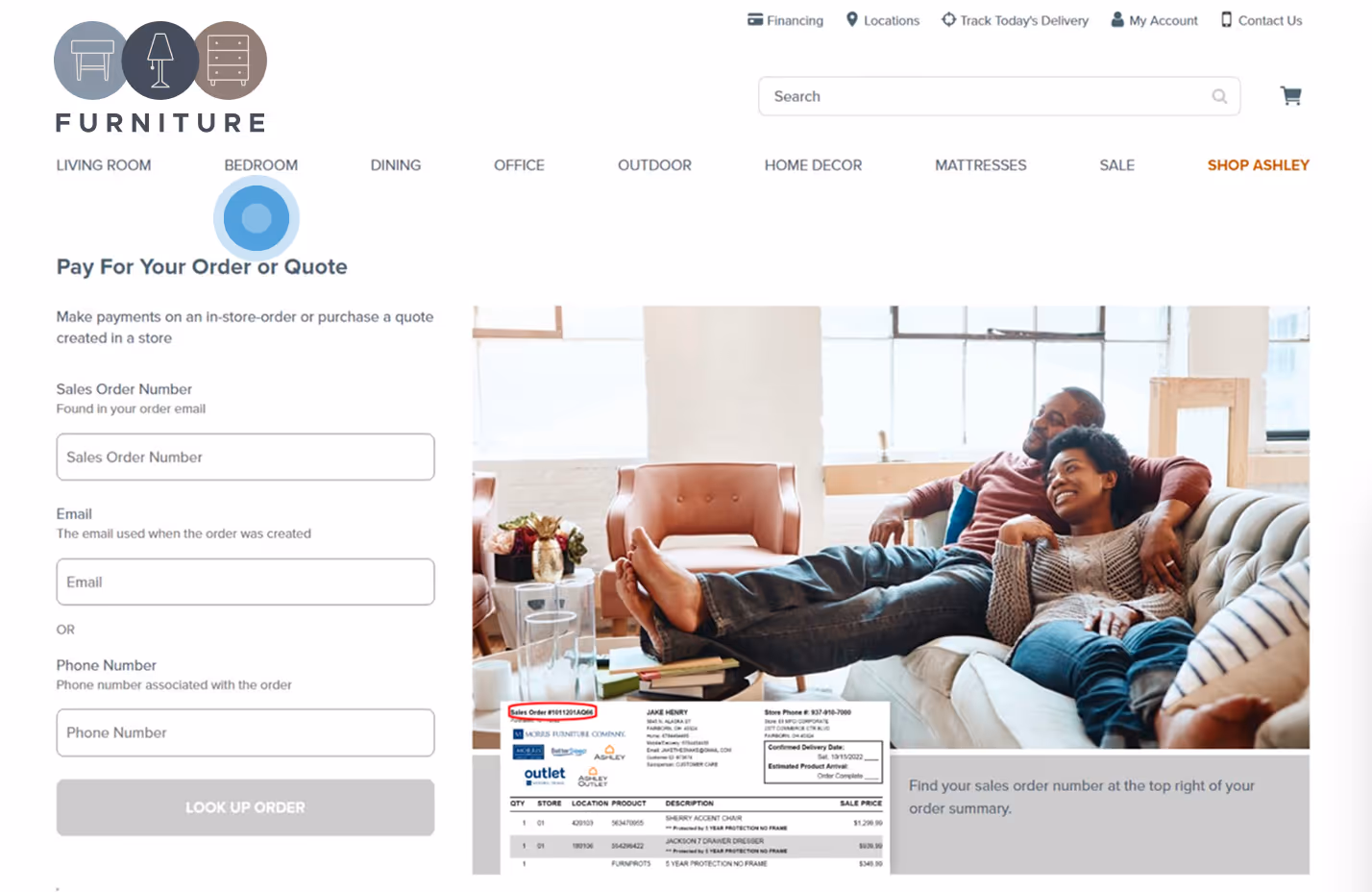A custom payment portal allowing customers to look up and pay for in-store orders or quotes online, demonstrating an integrated omnichannel solution.