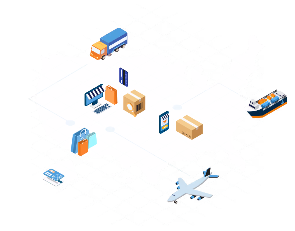 An illustration of a modern supply chain network, representing our expertise in developing custom logistics and e-commerce software.