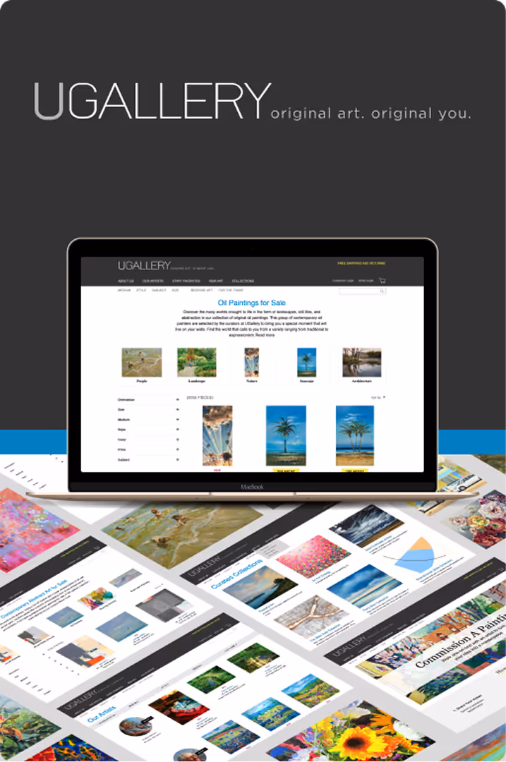 Case study of the UGALLERY online art marketplace, showcasing the responsive design of the custom e-commerce platform across mobile, tablet, and desktop views. Developed by Kaizen to provide an exceptional user experience for buying and selling original art.