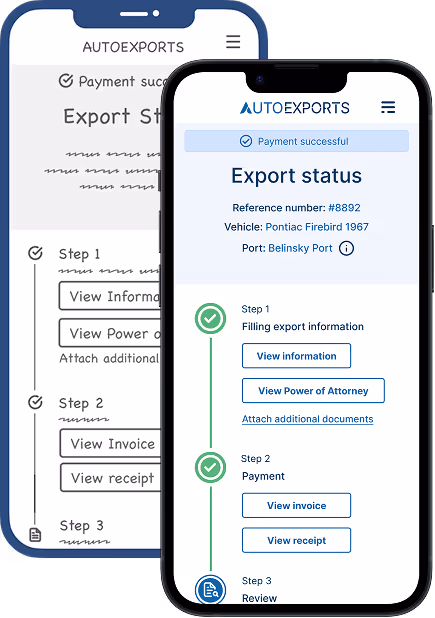A mobile app for AUTOEXPORTS showing the vehicle export status screen, a custom software solution for tracking car shipments.