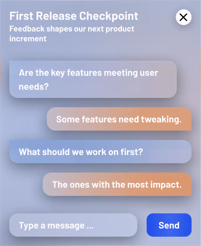 Chat interface titled 'First Release Checkpoint' discussing user needs and feature priorities with messages: 'Are the key features meeting user needs?', 'Some features need tweaking.', 'What should we work on first?', and 'The ones with the most impact.', with a text input box and blue Send button.