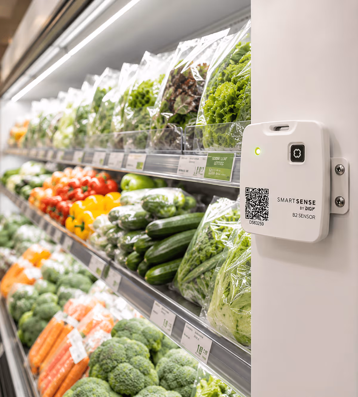 SmartSense IoT sensor installed in a supermarket produce area to monitor environmental conditions and support food safety operations.