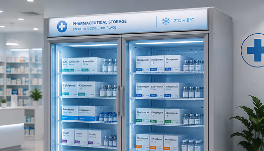 Pharmaceutical storage cabinet using IoT monitoring for temperature-controlled medication storage.