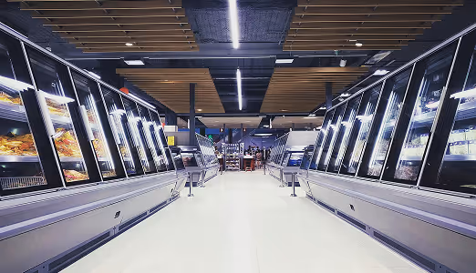 Supermarket refrigerated aisle monitored by IoT sensors for cold storage and food safety tracking.