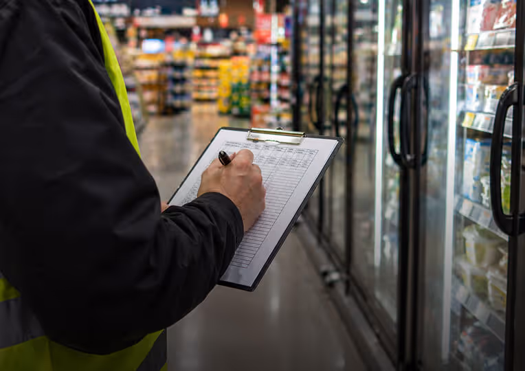 Field technician using a paper form during a manual IoT sensor installation in a refrigerated retail area.