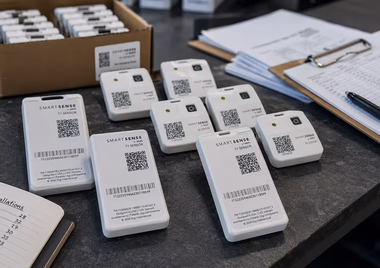 Multiple SmartSense sensors and paper forms showing a manual installation workflow that became harder to scale.