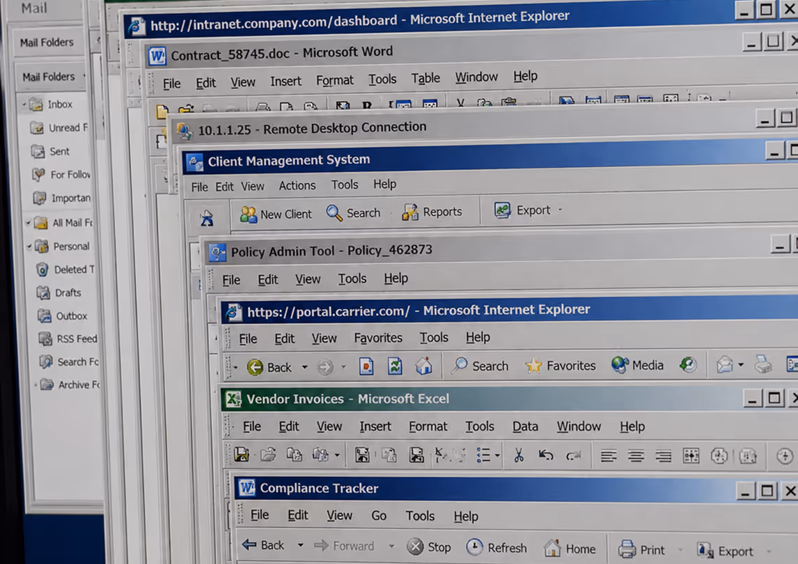 Stacked legacy software windows showing disconnected systems used to manage logistics and customs brokerage operations.
