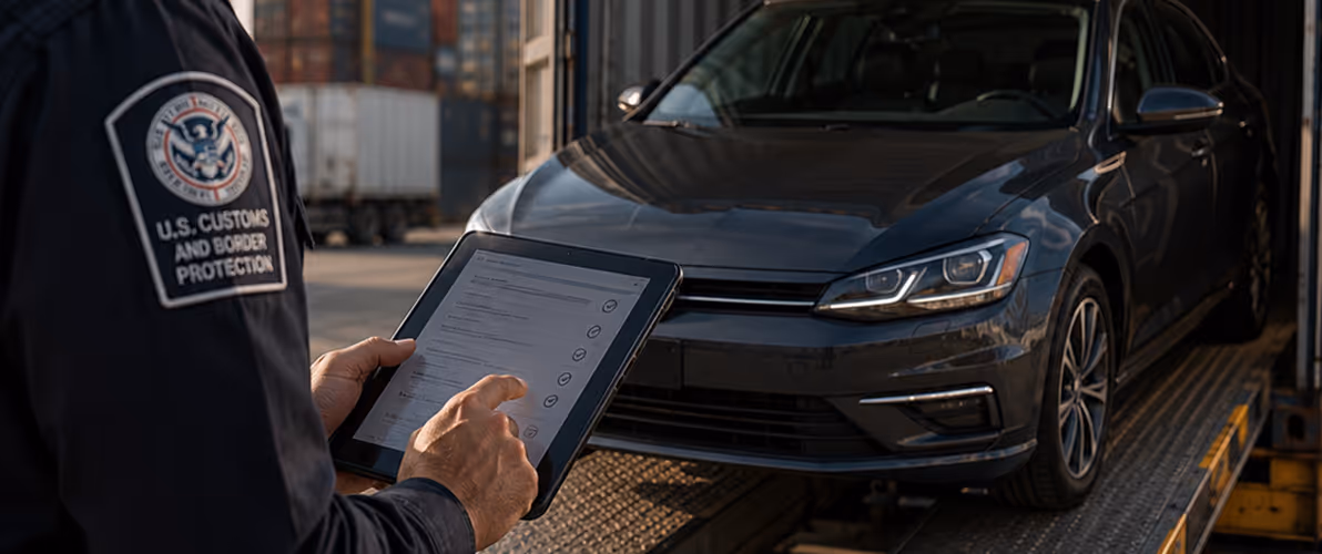 U.S. Customs and Border Protection officer using a tablet near a vehicle for a modernized cross-border exports app.