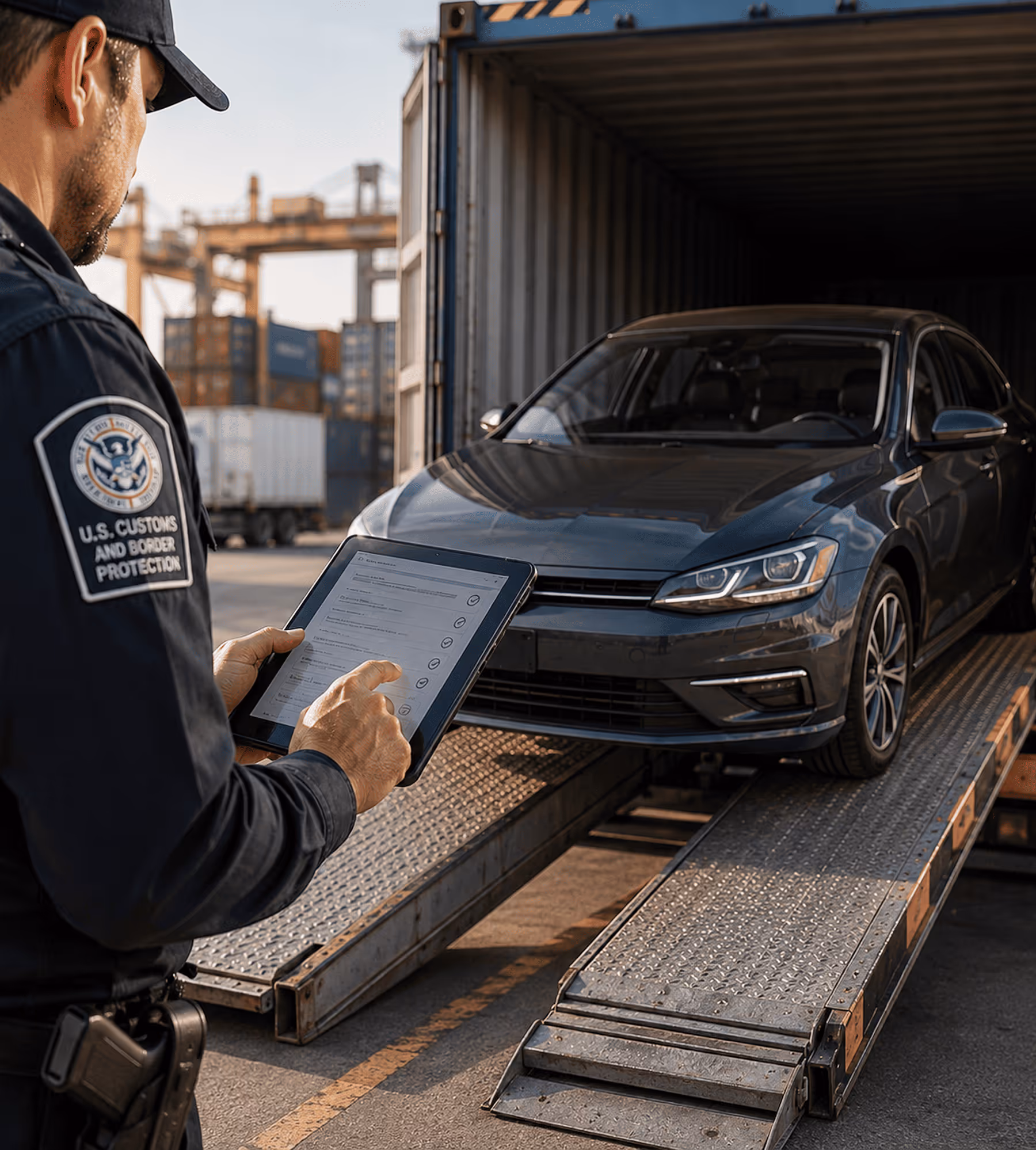 Vehicle export inspection with a customs officer using a tablet for U.S.–Canada export filing.
