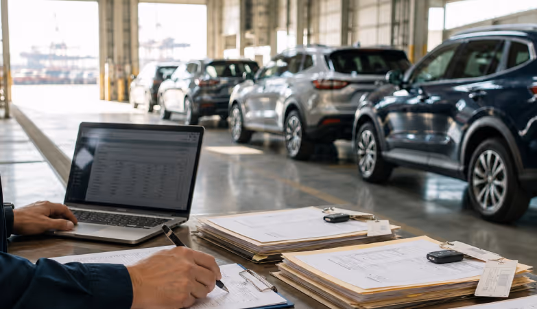 Experienced vehicle exporter completing U.S.–Canada export filing from an office near vehicle inventory.