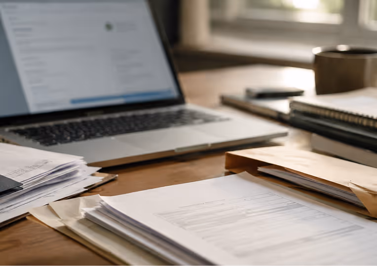 Paper documents and laptop showing an outdated vehicle export process with too many manual filing steps.