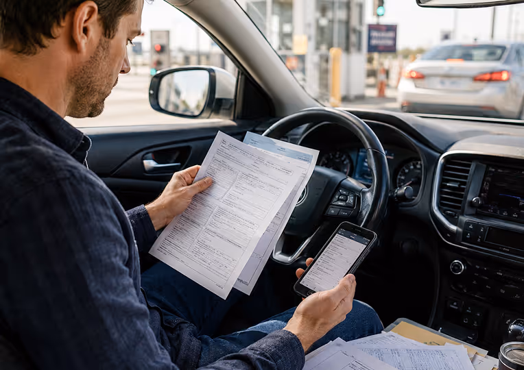 Driver reviewing export documents inside a vehicle during a manual cross-border vehicle filing process.
