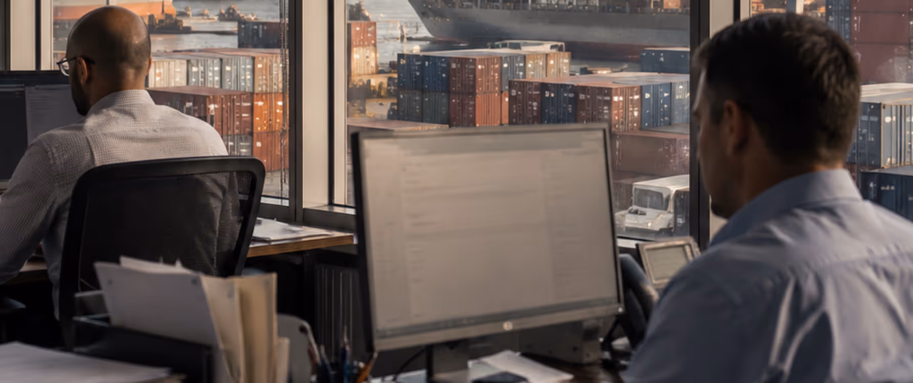 Logistics office overlooking shipping containers for a legacy systems merge and modernization project.