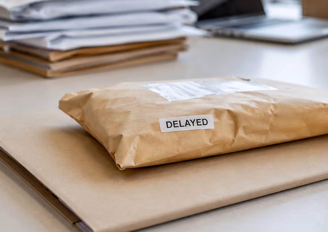 Delayed package representing the risk of shipment delays caused by incorrect or incomplete customs data.