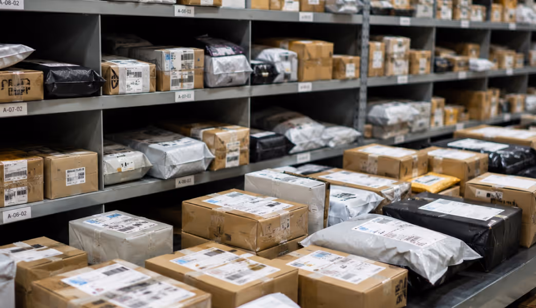 Warehouse shelves with parcels representing Livingston’s e-commerce team preparing shipment data for customs submission.