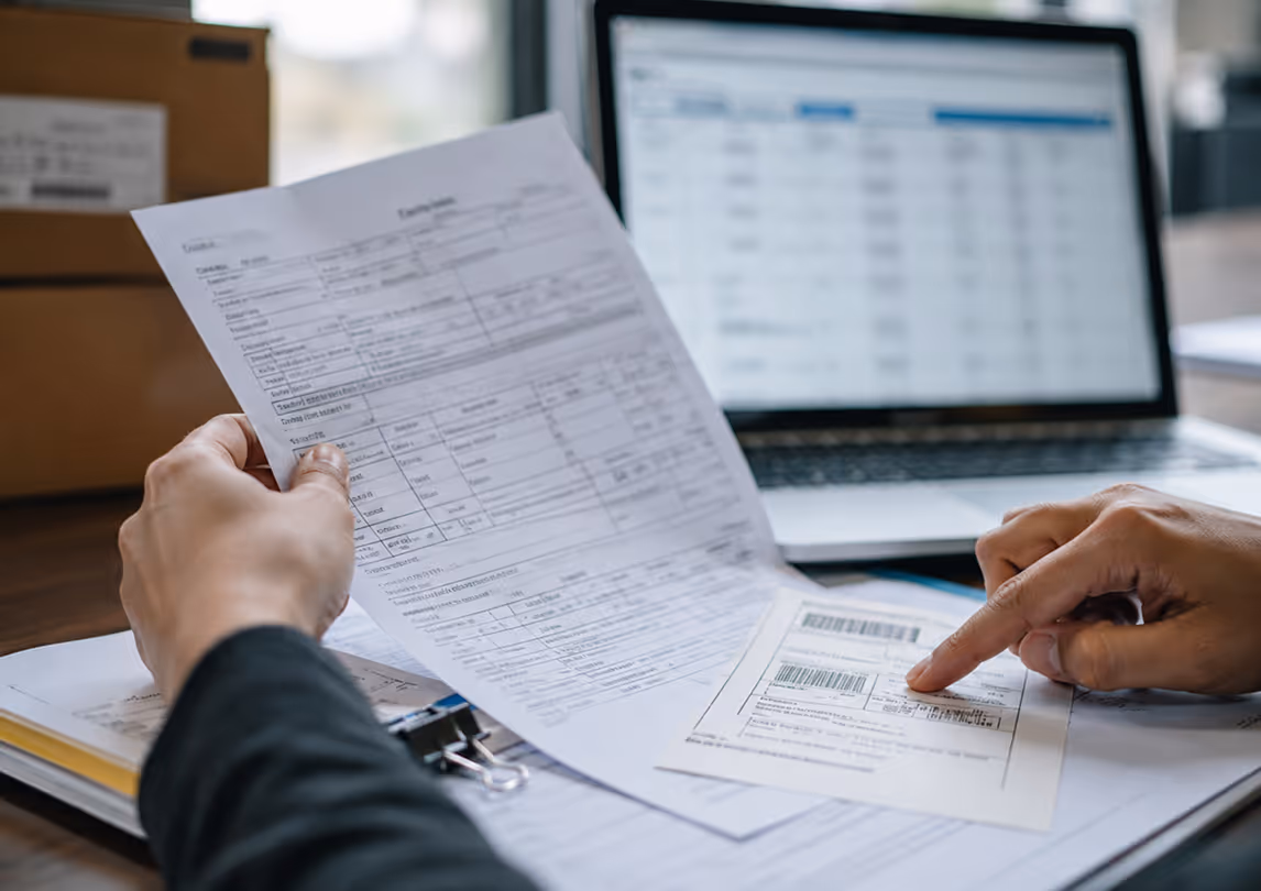 Operator reviewing shipment documents and customer data to identify missing or incorrect customs information.