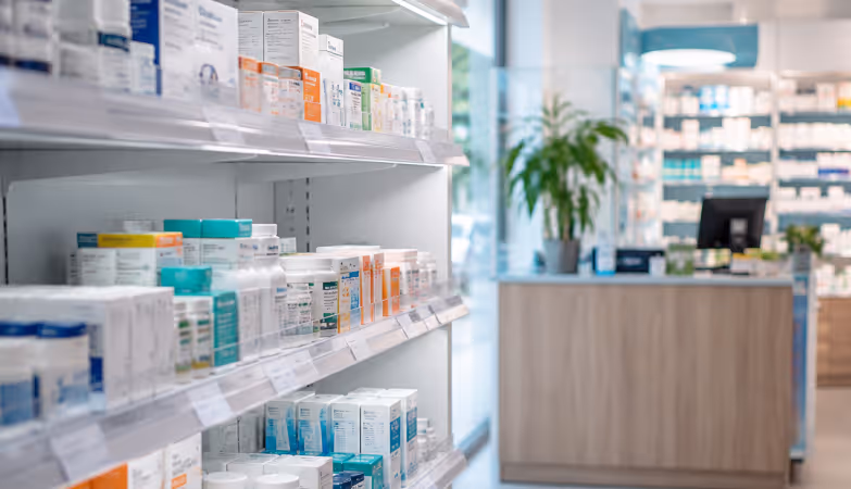 Pharmacy storage shelves representing pharmaceutical teams monitoring temperature-controlled medication storage across the supply chain.