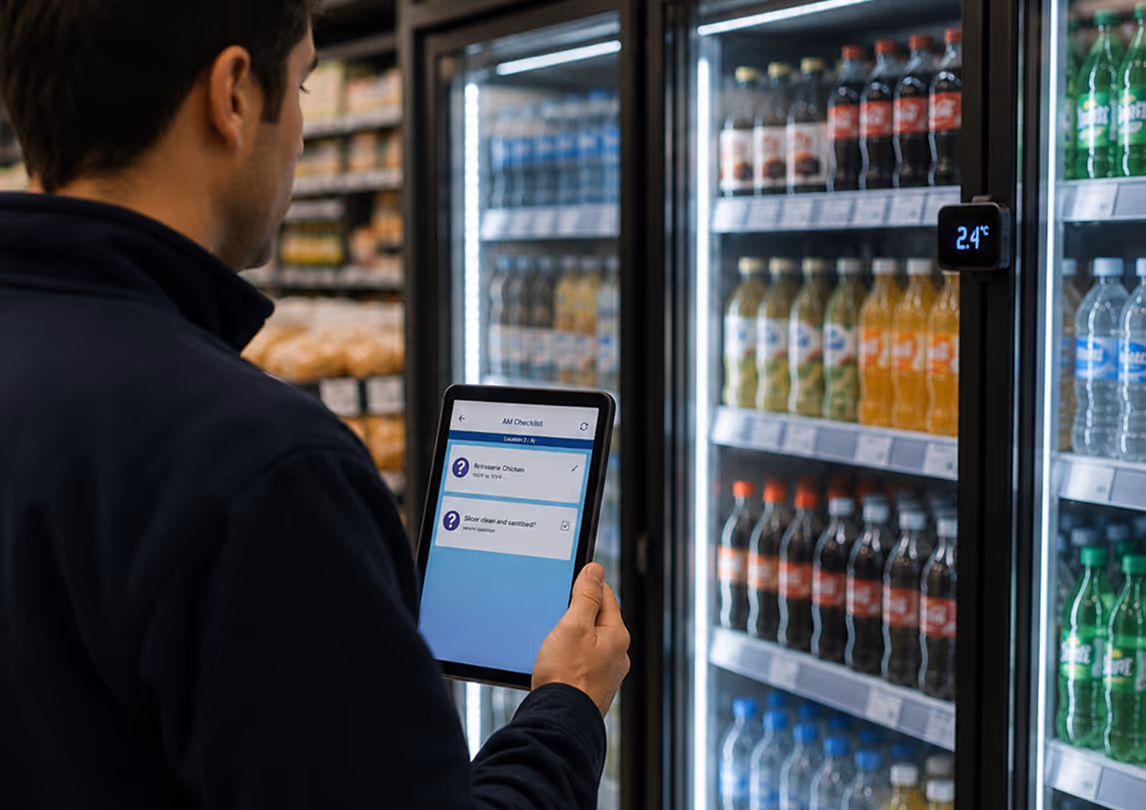 Field worker using a mobile monitoring app near refrigerated products to complete supply chain compliance tasks.