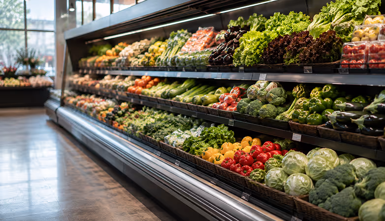 Supermarket produce aisle representing food retail teams that use supply chain monitoring software for safety and quality checklists.