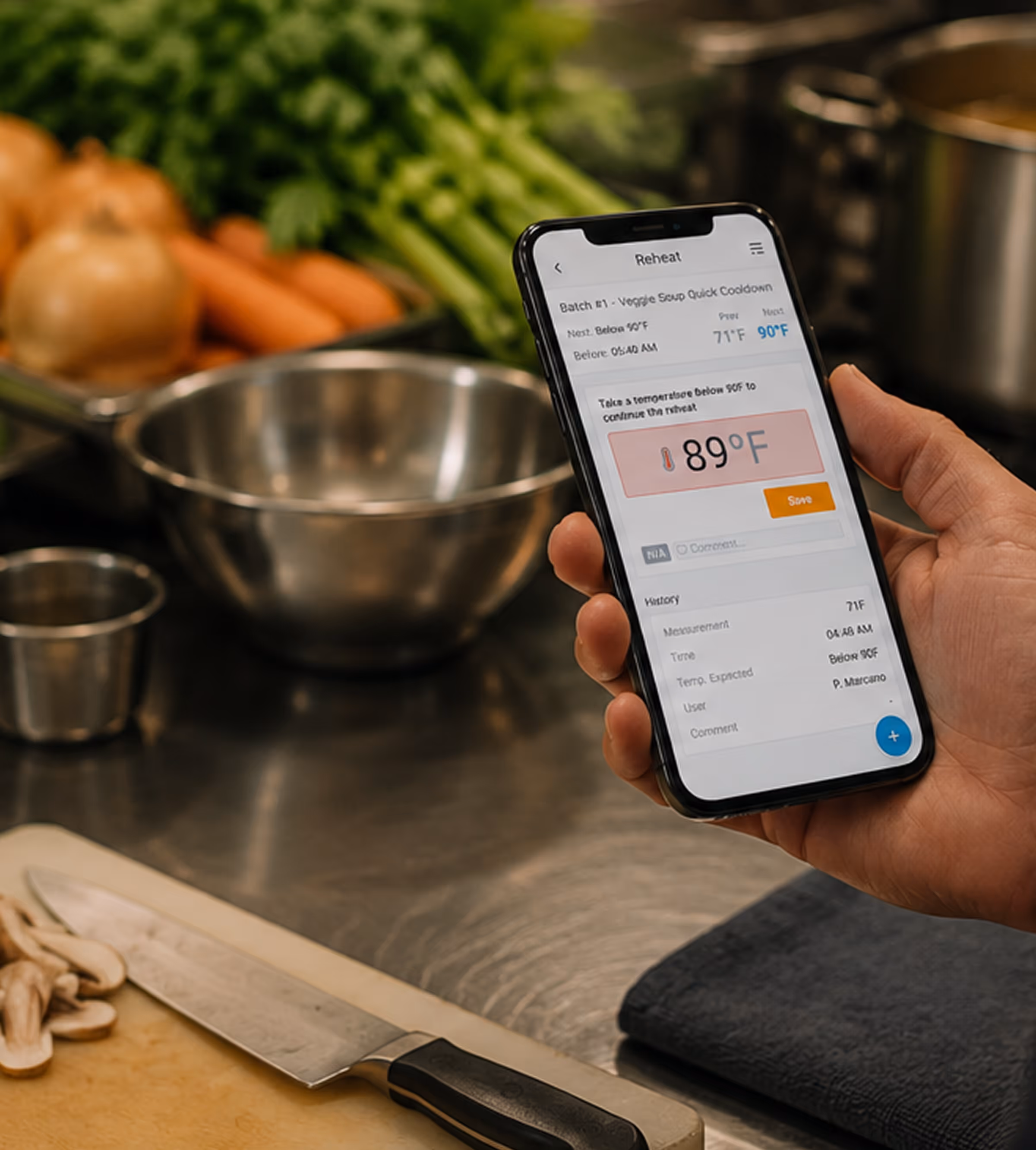 Field team using a mobile app to record food safety temperature checks in a modernized supply chain monitoring workflow.