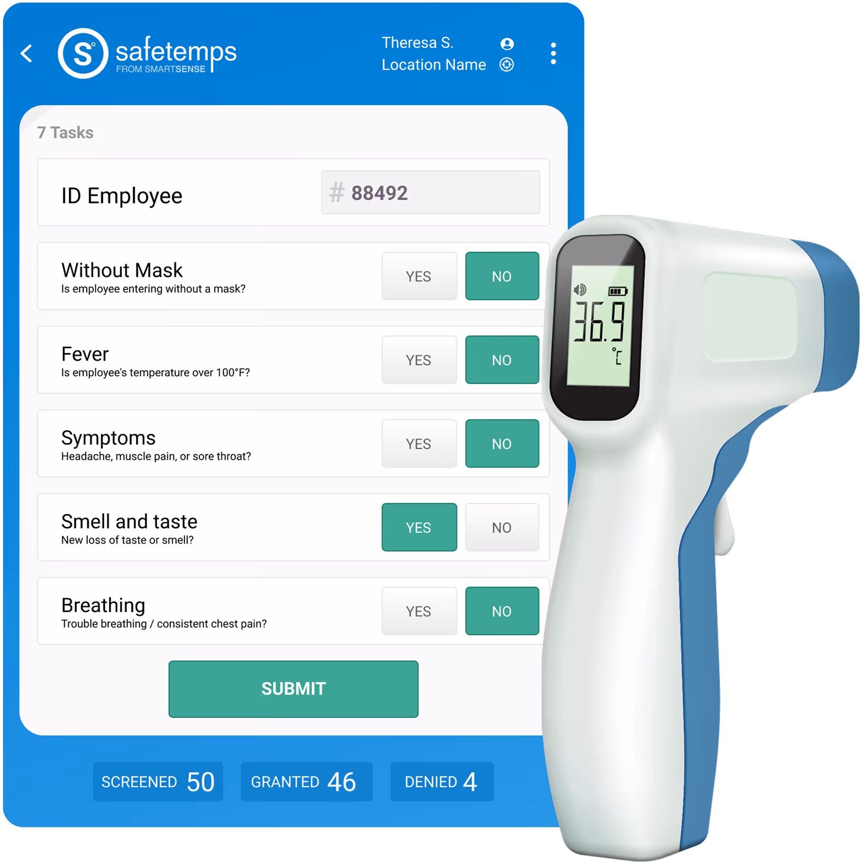 Digital health screening app interface and touchless infrared thermometer for automated employee workplace entry checks.