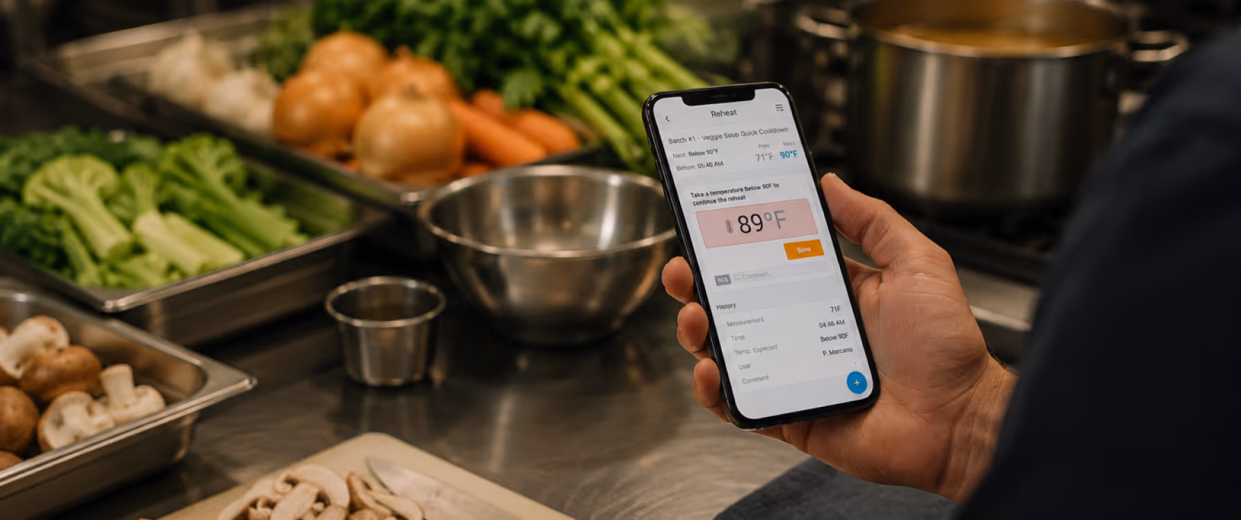 Mobile remote monitoring app used in a food preparation area to manage temperature checks and food safety workflows.