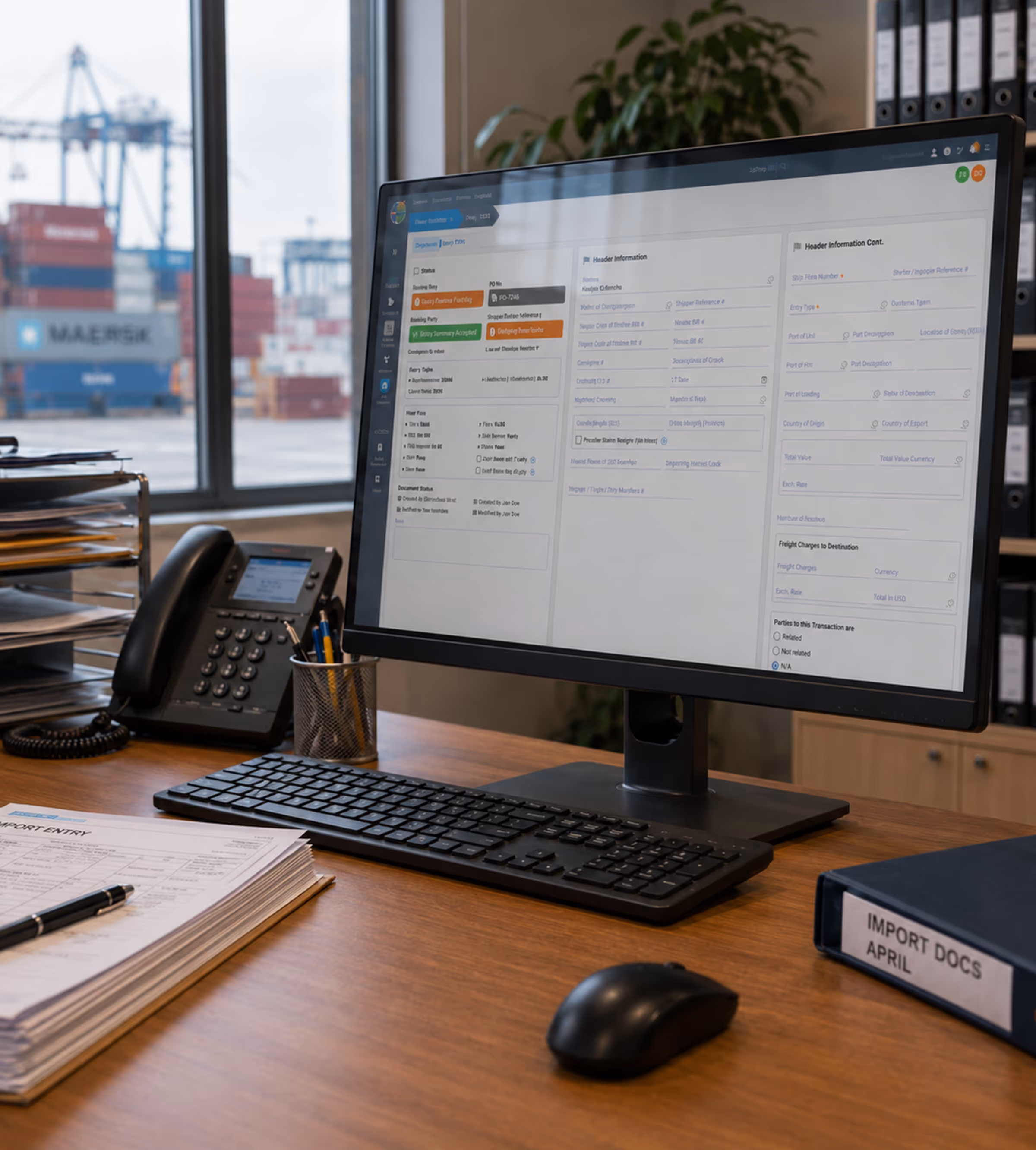 Logistics office overlooking shipping containers, representing legacy systems modernization for cross-border operations.