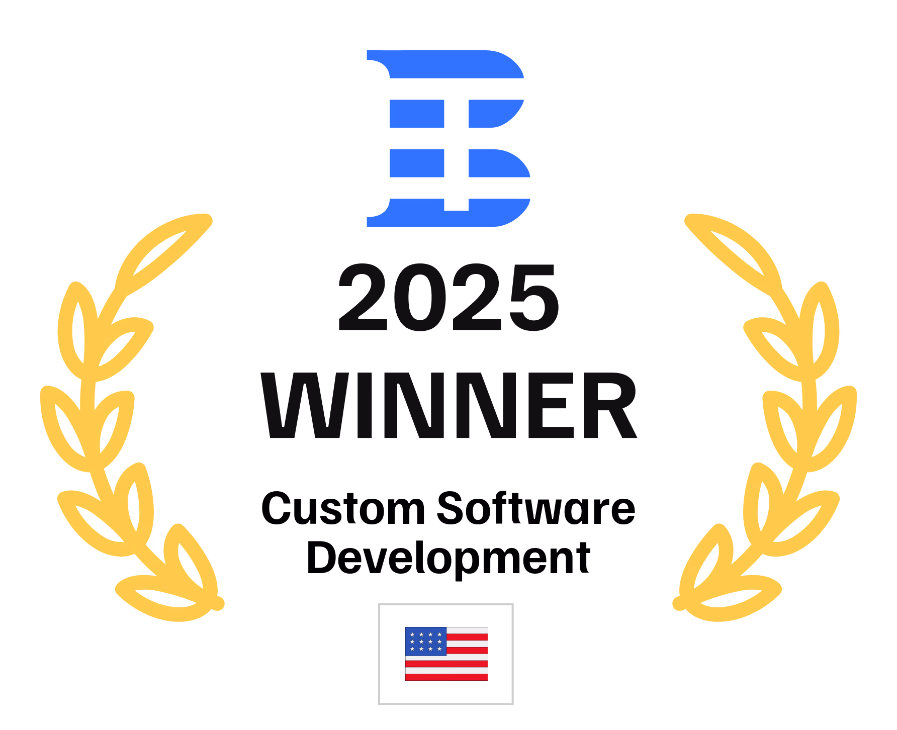 Blue EB logo above 2025 Winner text, flanked by yellow laurel branches and a small US flag below.