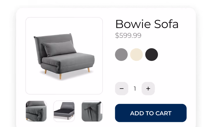 Gray Bowie Sofa with wooden legs available in three colors, priced at $599.99, with add to cart button.