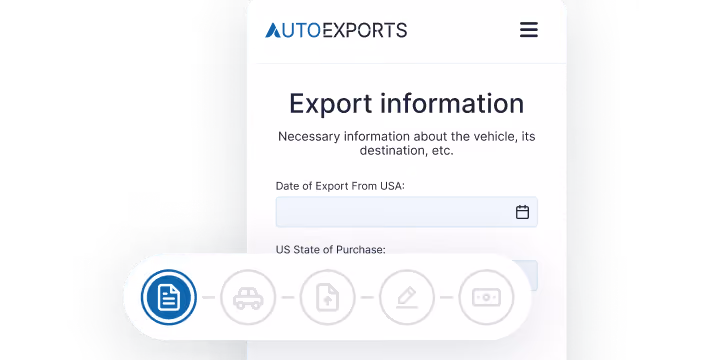 AutoExports export info form on mobile showing date of export and state of purchase fields.