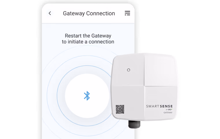 Smart Sense gateway device next to a phone screen showing 'Restart Gateway to initiate a connection' with Bluetooth symbol.
